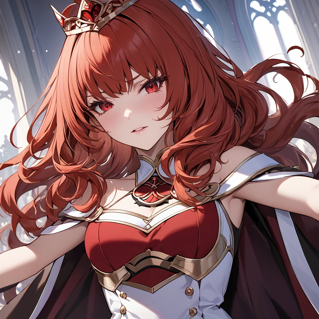 ((Highest quality)), ((masterpiece)), (detailed), （Perfect Face）The woman is a Celica with red hair.、The woman turns to evil, becomes a devil in an evil organization, and becomes the queen of evil.