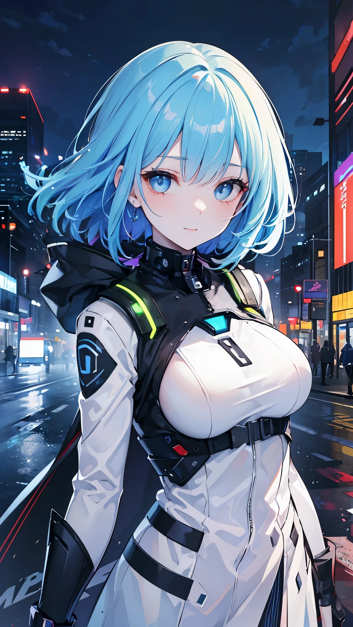 ((Top Quality)), ((Excellent)), (Details), masterpiece, best quality, UHD, high detailed face, high detailed eyes, A futuristic female android standing on the bustling main street of a neon-lit, futuristic city. She has short, vibrant blue hair and wears a high-tech bodysuit with various advanced features. Over the bodysuit, she is draped in a sleek, white long coat that flows behind her. The background is a lively cityscape filled with towering skyscrapers, holographic advertisements, and flying vehicles zooming by. She gazes directly at the viewer with a playful expression, winking confidently. The scene captures the essence of a high-tech future, blending cutting-edge technology with her unique personality and charm