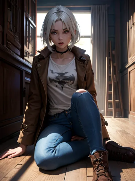 (suspense scene ((concept art)), extremely detailed with a girl wearing jeans with brown coat and boots), (better lighting, bett...