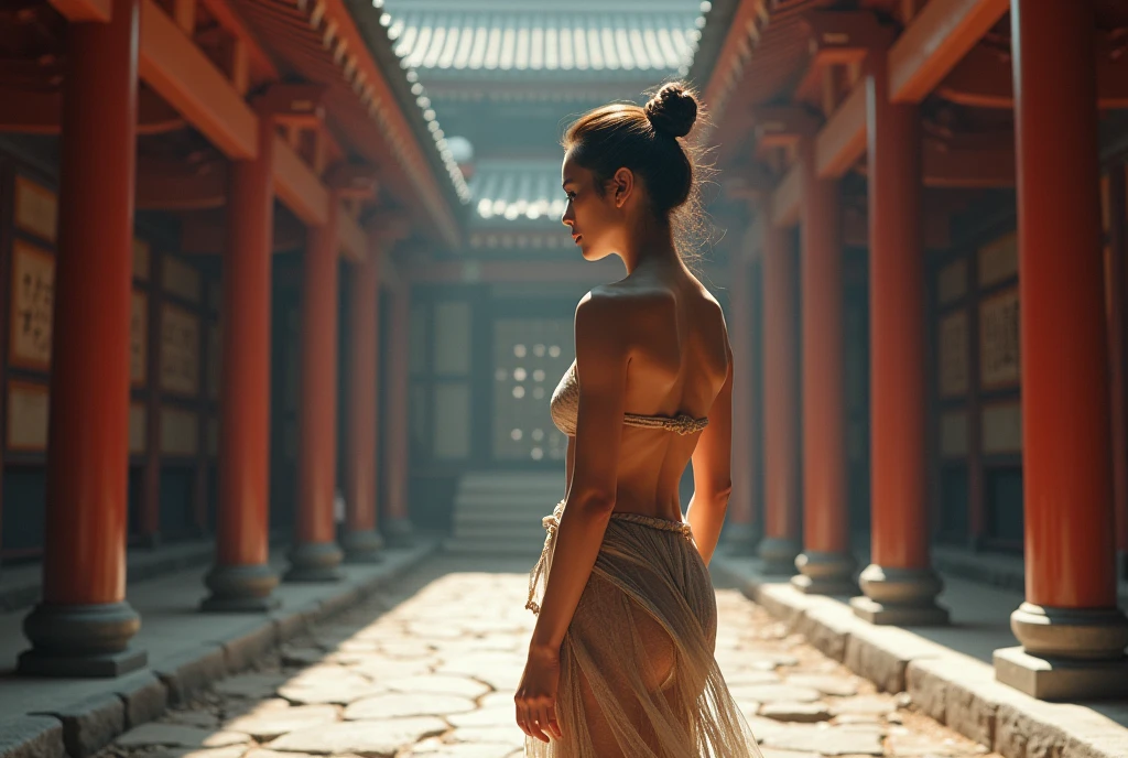 Ancient architecture, Japan, ((masterpiece, Highest quality, Best image quality, High resolution, Realistic, RAW Photos, 8k, Highly detailed CG synthesis 8k wallpaper)), (Huge and stunning goddess shot, Very hot and sexy, Incredible beauty, Perfect Proportions, Beautiful body, Slim body beauty:1.4), view from below, A 4,000-year-old temple, lined with priests in white Japanese kimonos, and at the end of a long flight of stairs is a shrine where the god resides,