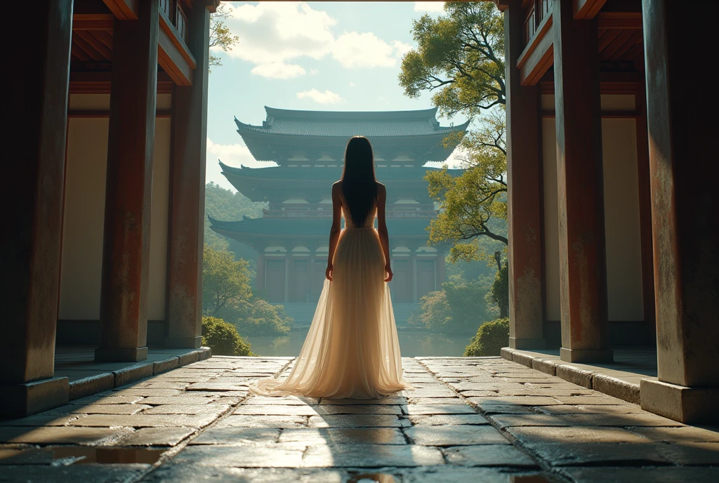 Ancient architecture, Japan, ((masterpiece, Highest quality, Best image quality, High resolution, Realistic, RAW Photos, 8k, Highly detailed CG synthesis 8k wallpaper)), (Huge and stunning goddess shot, Very hot and sexy, Incredible beauty, Perfect Proportions, Beautiful body, Slim body beauty:1.4), view from below, A 4,000-year-old temple, lined with priests in white Japanese kimonos, and at the end of a long flight of stairs is a shrine where the god resides,