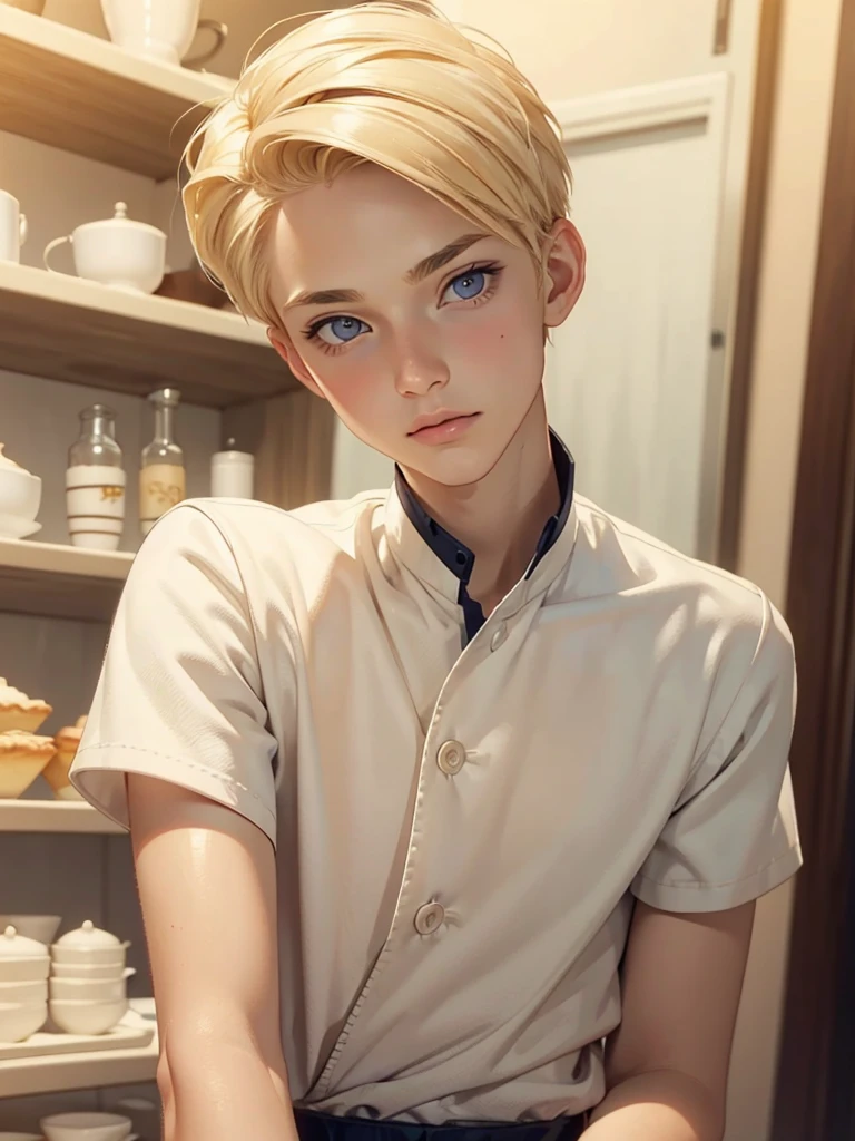 (best quality), 1boy, male, porcelain skin, blonde hair, short hair, straight hair, side swept hair, brown eyes, perfect eyes, boyish, cute face, patissier uniform, skinny body, masterpiece, anatomically correct, highres #
