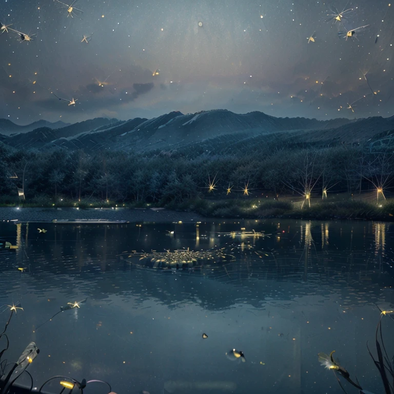 Pond in the evening:1.5, ((panoramic:1.4)), ((Beautiful night lake in the dark:1.5)), ((fireflies flying around，Illuminates the lake:1.5)), ((Extremely detailed:1.5)), The light of fireflies is reflected in the water:1.2, Idyllic, Dreamy, fantasy:1.3)), Dark environment soft moonlight reflected in the water, ultra-realistic 8k, portrait, Highly detailed 32k digital art, Beautiful artwork digital art, ((light blue, blue, brown: 1.2)), 8K Photorealistic Digital Art, Soft lighting, (( Very detailed: 1.4), (( masterpiece )), ( Exquisite details，Aesthetics: 1.3), (Reality: 1.4)