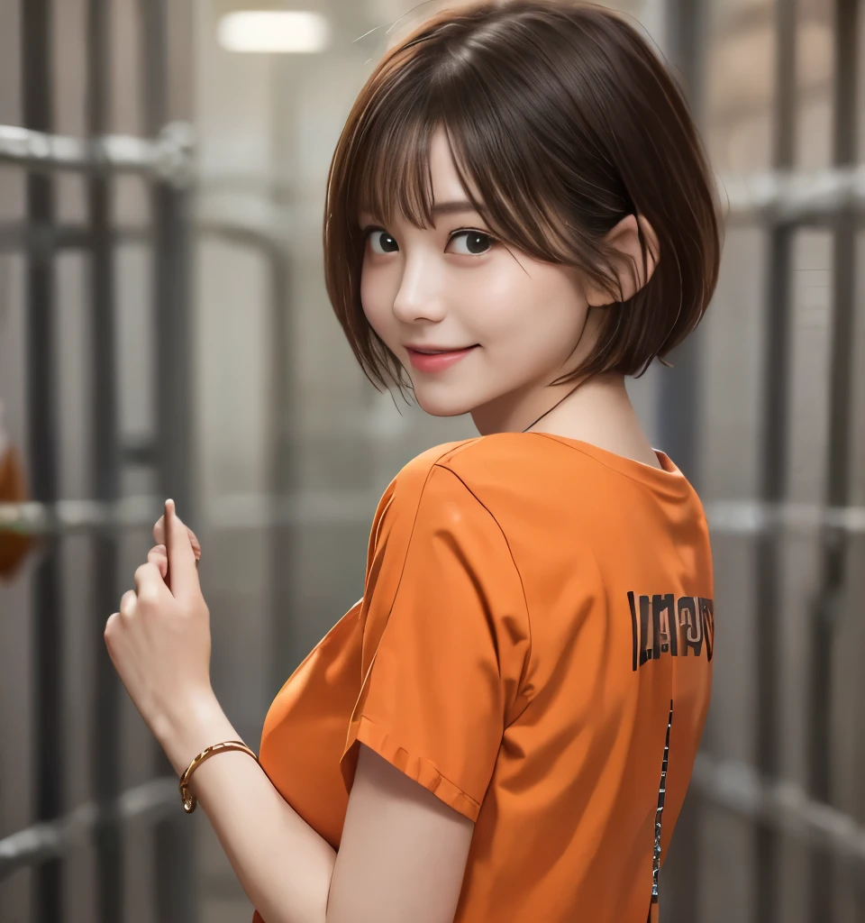 Highest quality、、Ultra-high resolution、masterpiece、Clear photos、Professional Lighting、smile、(very cute、beautiful girl、The cutest Yoda Yuki)、Baby Face、Small face、Very delicate and beautiful、Ultra slim、Slender body、Tight waist、Beautiful feet、(Inside the prison、Wearing an orange prison uniform:1.6、Shooting through iron bars)、(Hunchback、Her cleavage is visible)、(Very short hair:1.6)、Brown Hair、(Full body photo)