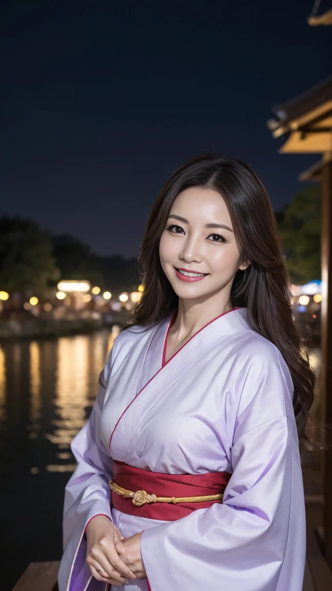 Mature attractive woman,40 years old, Light purple kimono,Light brown long hair,Half-body photo,Highest quality, Laughter、A kind smile、Captivating Gaze、Summer festival、night、light up、River surface、looks happy、