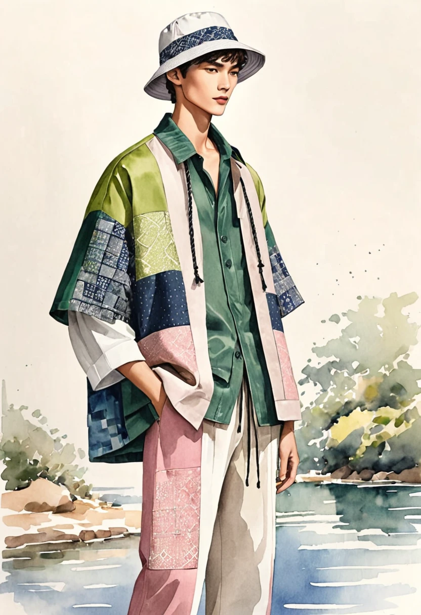 candid fashion illustration of young male supermodels, 20 year old, tall and slender, ((showcase in fashionable linen outfits inspired by modern and elegant style, (presenting in collage and patch-work style). collage with the mixed of E-co print and ethnic motifs fabric, with color blending of dark green, soft pink, lime, blue and purple. he wears a short-sleeved shirt with oversized patchwork Jacket, Sashiko details. paired with earth tone Drawstring pants. completes the look with white sneakers, accessorizes, bucket hat, Captured in a ((full-body image)), relax and simple pose, ((in water-color paint on white paper background), realistic pencil lines, imperfect drawing, charcoal lines detail, fading sketch, fashion Sketching, low angle view, (full body image),