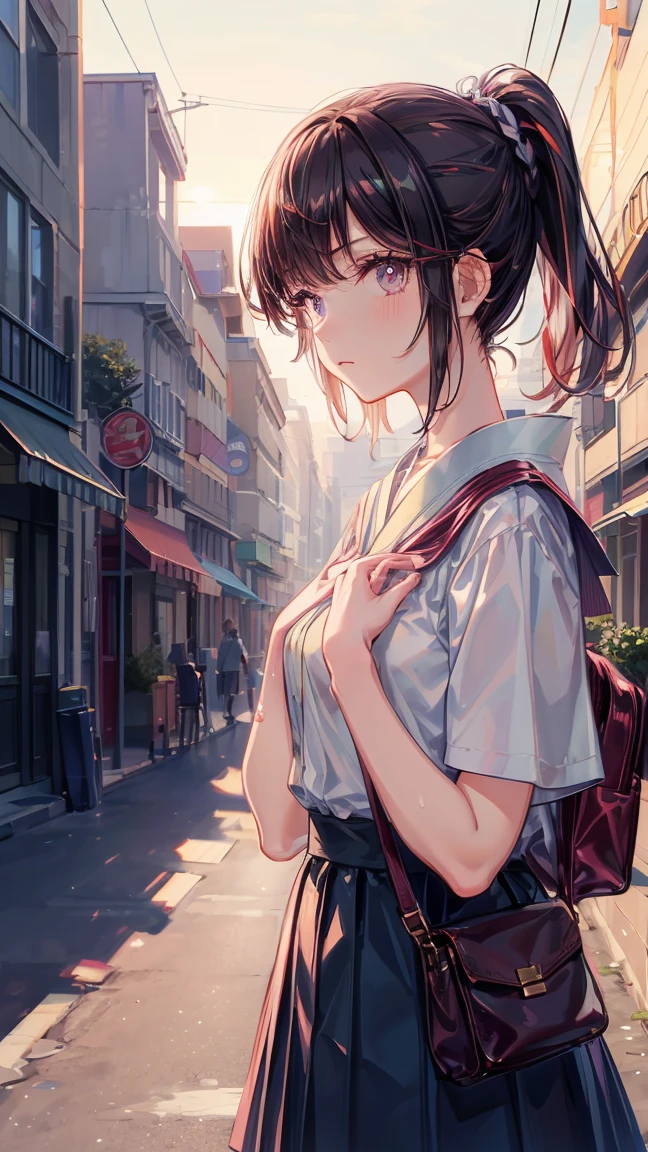 ((Top Quality)), ((Excellent)), (Details), masterpiece, best quality, UHD, high detailed face, high detailed eyes, A Japanese high school girl walking home after school during the late summer evening. She is holding her school bag close to her chest, with a gentle expression as she looks directly at the viewer. The warm colors of the sunset bathe the scene in a soft, golden light, casting long shadows on the quiet street lined with trees. The atmosphere is serene and nostalgic, capturing the fleeting moments of youth as the day slowly transitions into night, black hair, ponytail