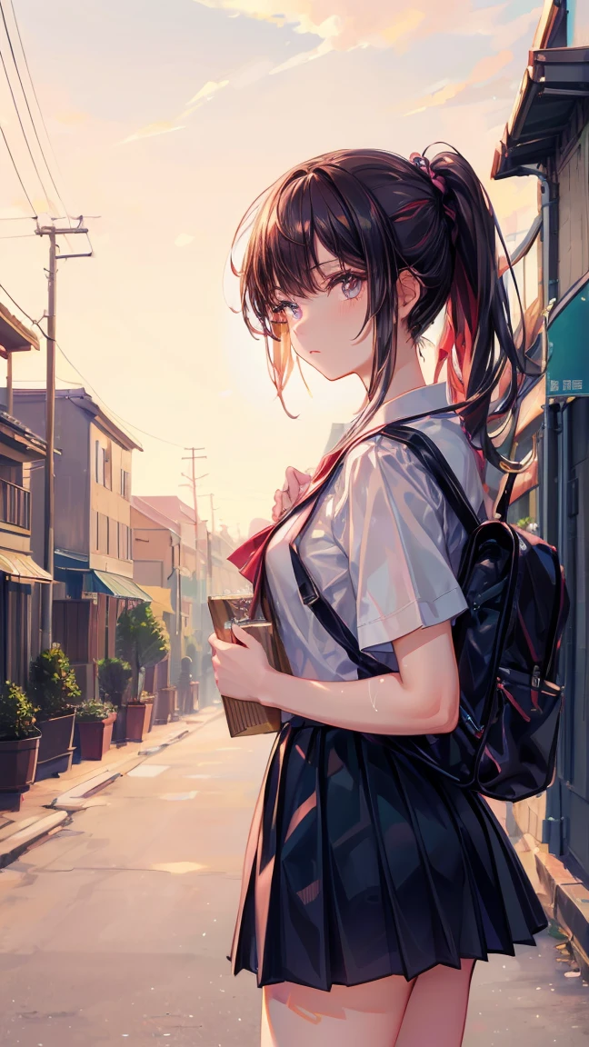 ((Top Quality)), ((Excellent)), (Details), masterpiece, best quality, UHD, high detailed face, high detailed eyes, A Japanese high school girl walking home after school during the late summer evening. She is wearing a school uniform and carrying a backpack on her shoulders, with a gentle expression as she looks directly at the viewer. The warm colors of the sunset bathe the scene in a soft, golden light, casting long shadows on the quiet street lined with trees. The atmosphere is serene and nostalgic, capturing the fleeting moments of youth as the day slowly transitions into night, black hair, ponytail