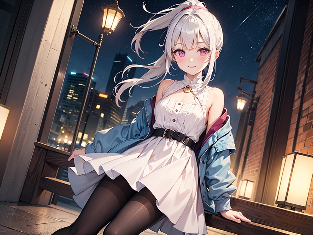 best quality, masterpiece, Night City, motion blur, Shiny texture, Dynamic configuration, atmospheric perspective, (in detail), depth of field, Highly detailed CG, original, very detailed wallpaper, (vivid colors), movie lights, (fancy), blush, looking at viewer, (ponytail, White-haired, smile, girl, pink eyes, medium chest, Cute face), White dress, Blue jacket, high heel, pantyhose, whole body, splendor