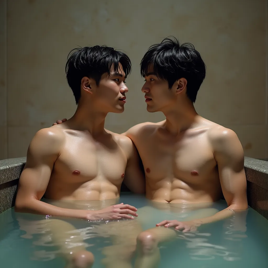  two young handsome in Japanese onsen, 18-20 year old 2man, yaoi, attractive male, naked, nsfw, muscular, slander, give a nice view of his thick cock, (smooth body), blush, looking at screen, sexy prince eyes, small pectorals, barefoot,  dynamic low angle, taken photo with a Canon EOS R7 camera using an 85mm f/1.8 lens at an f/2.2 aperture, utilizing natural light. Employing three-point lighting and incorporating 3D shadows enhances his features and adds depth to the composition, enhancing soft lighting on his defined smooth wet skin tone, soft lighting likely from a strong artificial source such as a studio soft-box, casting an even glow across the skin while creating minimal shadows to enhance the reflective quality of the skin. the background is simple and neutral light, ensuring all attention is focused on his body. The atmosphere is both sensual and bold, giving off a sense of both allure and strength, as the contrast between the soft light and the male body structure plays against each other beautifully, (NSFW:1.5), naked body, by Steven Klein, naked body, big cock, ensuring the model's skin textures are in sharp focus while keeping the image tight and visually striking. The inspiration for this type of image draws from the desire to mix the erotic with the artistic, capturing moments that celebrate the human form in a sensual, intimate, yet powerful way. focusing on bugle details, texture, and composition, 