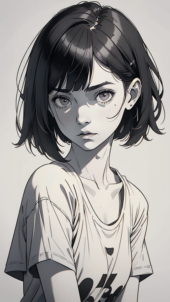 1 boyish girl, solo, (monochrome), (greyscale), shoulder length black bangs hair, (heavy eyes), (lidded eyes), portrait, (blank normal white T-shirt), Thin eyebrows, closed mouth, looking at viewer, detailed lips, hatching \(texture\), without makeup, upper body, (best illustration), (best quality), (very detailed), (masterpiece), (expressionless),