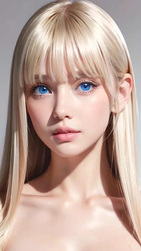 beautiful white and shining skin、natural platinum blonde hair that changes color depending on the light、bangs between the eyes o...