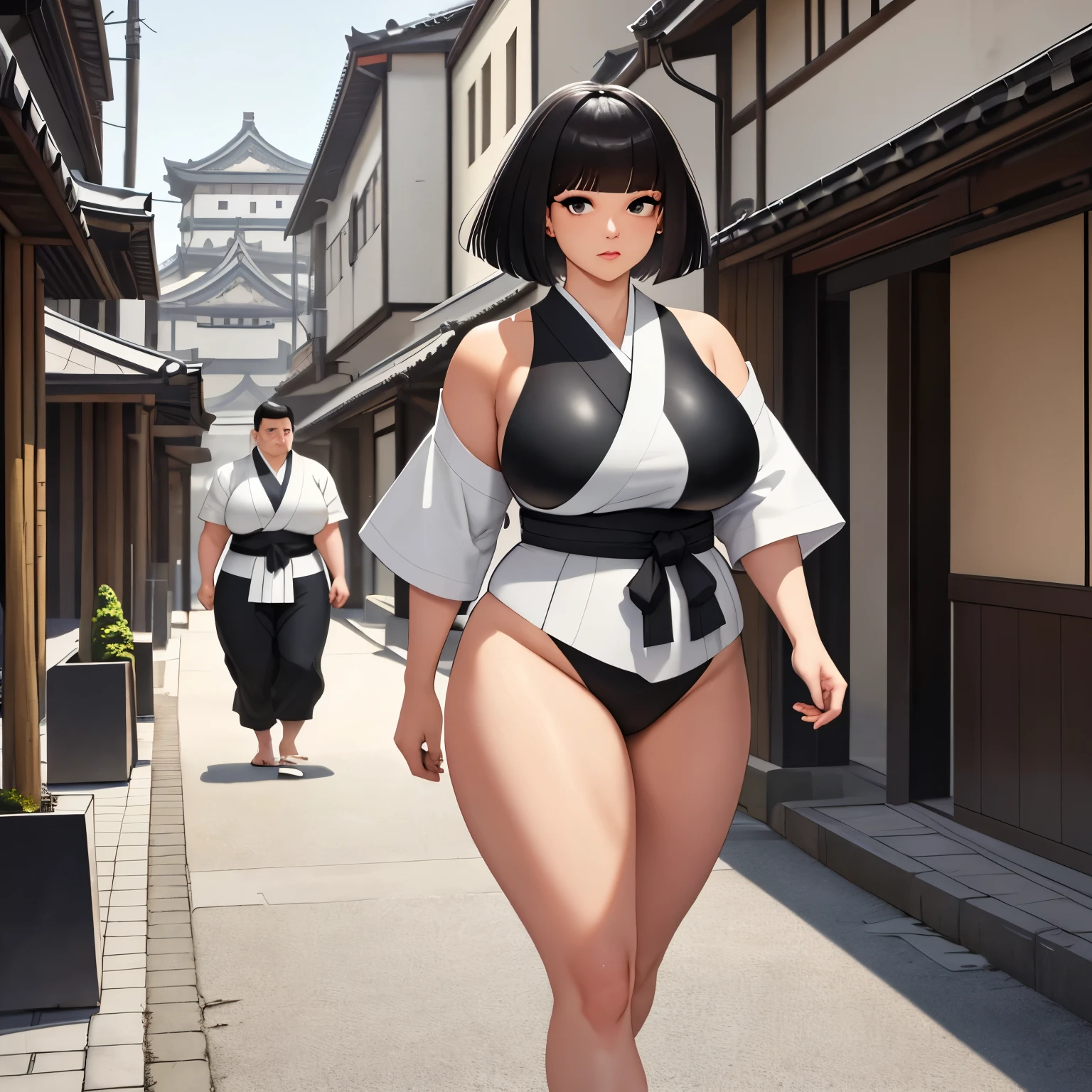 (Masterpiece), (detailed), (high res), (best quality), slim sumo girl, black square haircut and long haircut, black eyes, white mawashi sumo outfit, sumo girl walking through medieval Japanese city street, very fat
