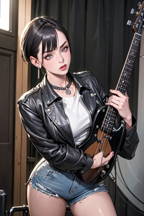 1，black short hair，photorealism，detailed，masterpiece， (lean), young girls，denim shorts、dark leather jacket，1，aldult, (punk girl)...