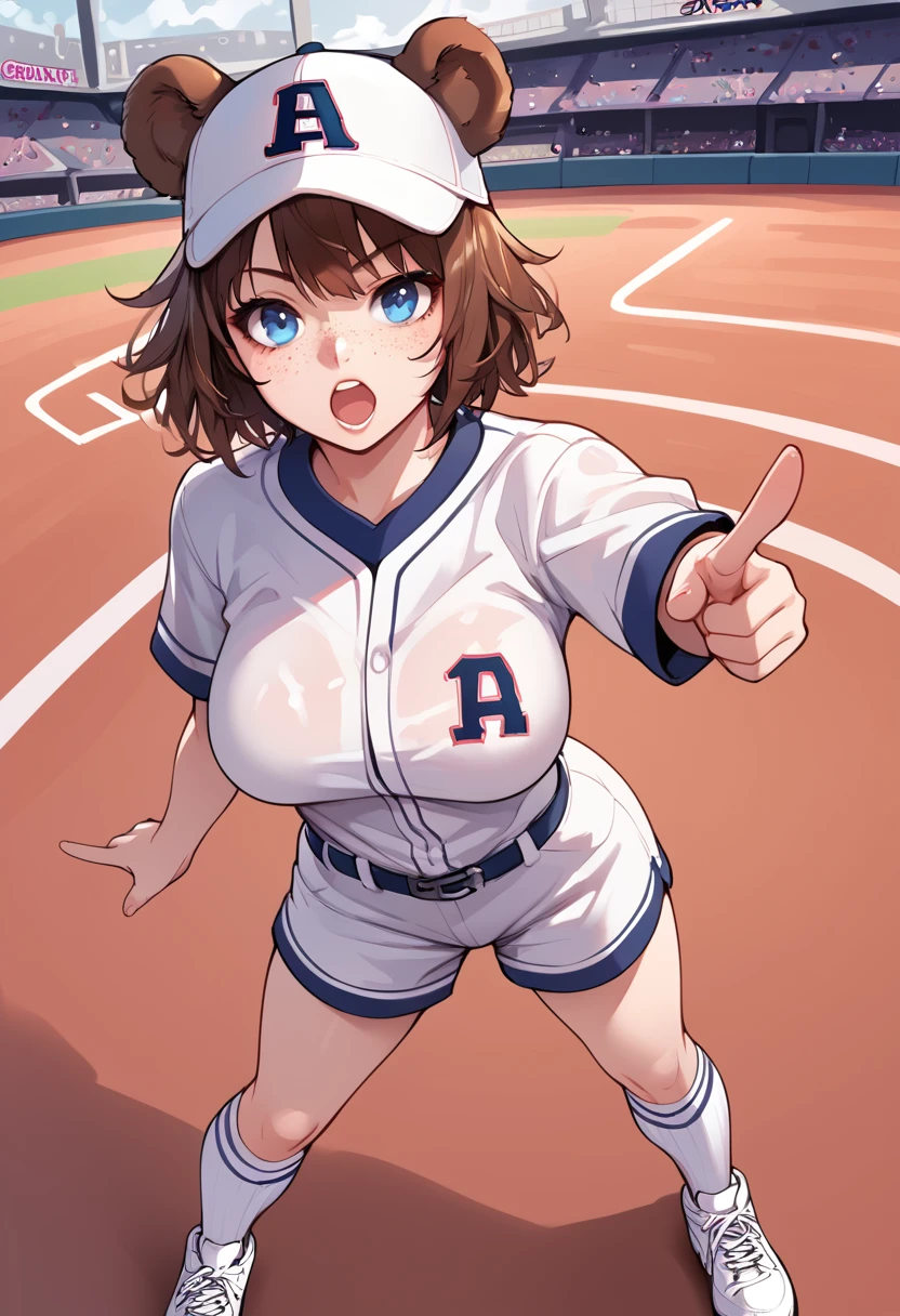 score_9_up, score_8_up, score_7_up, 1girl, solo, source_anime, , Big breasts, kemonomimi, bear ears, brown hair, short hair, messy_hair, blue eyes BREAK freckles, baseball girl, baseball, white sportswear, baseball cap, baseball uniform, knee socks, white socks, white sneakers, standing, outdoors, stadium, open mouth, looking at viewer, pointing, pointing at viewer, pov