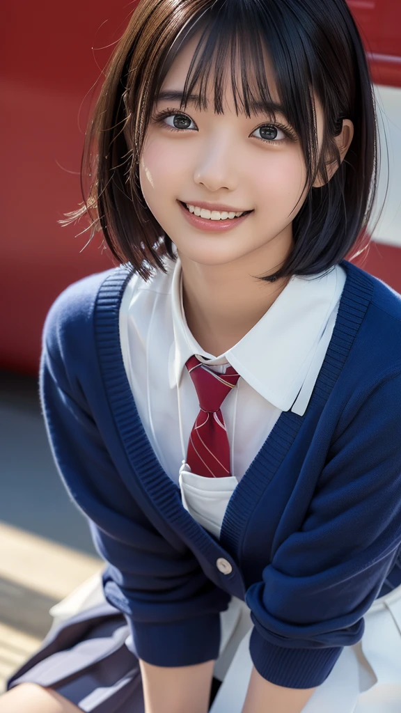 ((masterpiece, Highest quality, High resolution)), Japanese schoolgirl、(Realistic: 1.4), Happy smile、Pointed Mouth、Great face,Glossy Lips、, short hair、(Beautiful Hair:1.5), Japanese High School Uniform、(Navy blue cardigan)、(White dress shirt)、(Red tie)、(Very short pleated skirt)、(Beautiful legs、loafers)、at the library、Smooth, Highly detailed CG composite 8K wallpaper, High resolutionのRAWカラー写真, Professional photography, Light, BackLight, dream-like, impressive, Written boundary depth, (Face close-up:1.5)