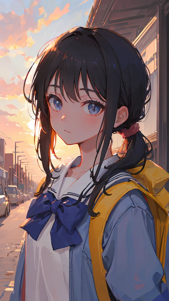 ((Top Quality)), ((Excellent)), (Details), masterpiece, best quality, UHD, high detailed face, high detailed eyes, A Japanese high school girl walking home after school during the late summer evening. She is wearing a school uniform and carrying a backpack on her shoulders, with a gentle expression as she looks directly at the viewer. The warm colors of the sunset bathe the scene in a soft, golden light, casting long shadows on the quiet street lined with trees. The atmosphere is serene and nostalgic, capturing the fleeting moments of youth as the day slowly transitions into night, black hair, ponytail