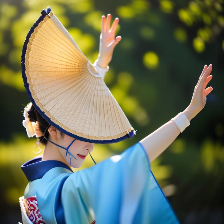 Photo-realistic quality、Dancing the Awa Odori dance in traditional light blue kimonos、straw hat、wood々Outdoors surrounded by, Raising her hands in an elegant pose, Natural light and soft shadows, Quiet and cultural atmosphere, Mid shot with focus on the subject、White Arms、Empty park、Face turned slightly to the right