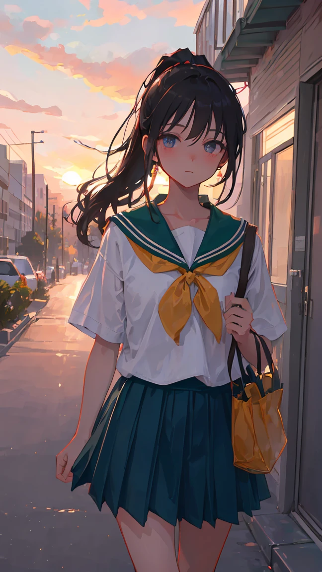 ((Top Quality)), ((Excellent)), (Details), masterpiece, best quality, UHD, high detailed face, high detailed eyes, A Japanese high school girl walking home after school during the late summer evening. She is wearing her school uniform and walking with empty hands, gazing softly at the viewer with a gentle expression. The warm colors of the sunset bathe the scene in a soft, golden light, casting long shadows on the quiet street lined with trees. The atmosphere is serene and nostalgic, capturing the fleeting moments of youth as the day slowly transitions into night, black hair, ponytail