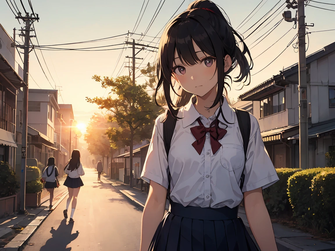 ((Top Quality)), ((Excellent)), (Details), masterpiece, best quality, UHD, high detailed face, high detailed eyes, A Japanese high school girl walking home after school during the late summer evening. She is wearing her school uniform and walking with empty hands, gazing softly at the viewer with a gentle expression. The warm colors of the sunset bathe the scene in a soft, golden light, casting long shadows on the quiet street lined with trees. The atmosphere is serene and nostalgic, capturing the fleeting moments of youth as the day slowly transitions into night, black hair, ponytail