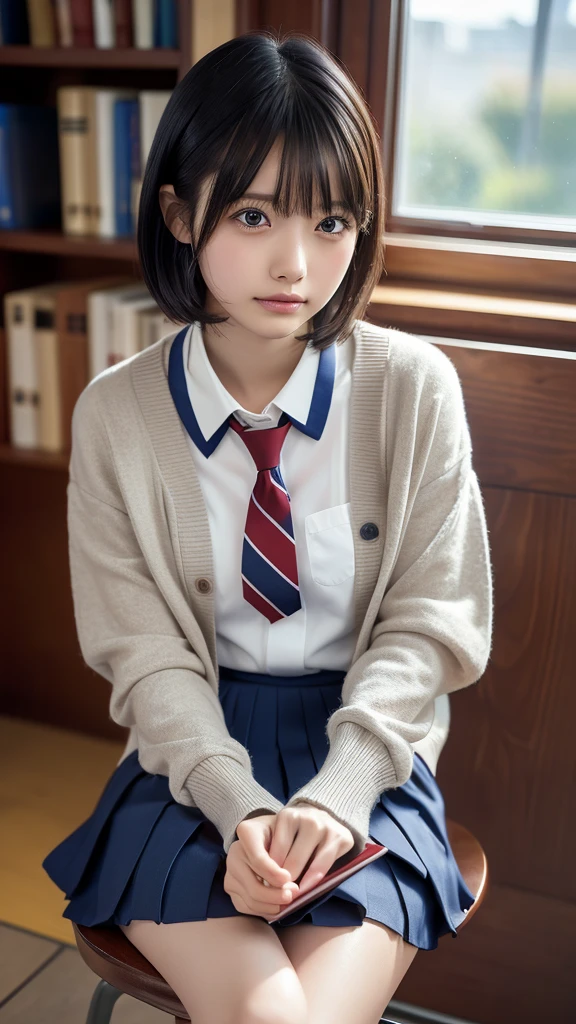 ((masterpiece, Highest quality, High resolution)), Japanese schoolgirl、in library room、(Realistic: 1.4), Great face,Glossy Lips、, short hair、(Beautiful Hair:1.5), Japanese High School Uniform、(Navy blue cardigan)、(White dress shirt)、(Red tie)、(Very short pleated skirt)、(loafers)、Sitting on a chair、Cross-legged、Reading a book、Smooth, Highly detailed CG composite 8K wallpaper, High resolutionのRAWカラー写真, Professional photography, Light, BackLight, dream-like, impressive, Written boundary depth, (Face close-up:1.5)