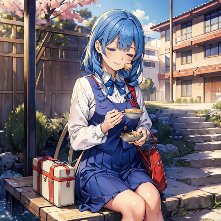 ((masterpiece)), ((best quality)), ((ultra-detailed)), 1girl, Infographic Drawing of intricate details, , BREAK Outdoor spiral staircase at school, sunlight, sitting, Lunch box on lap, Holding chopsticks, She is munching on her bento with a happy face, closed eyes, ,Anna yanami, blue hair, blue eyes, school uniform, makeine, too many losing heroines, 