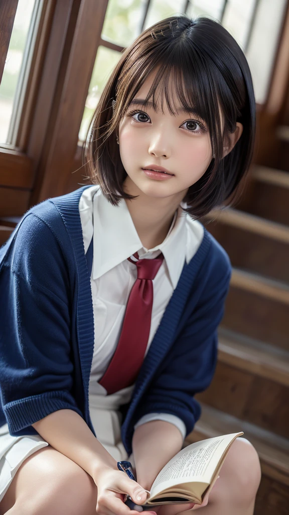 ((masterpiece, Highest quality, High resolution)), Japanese schoolgirl、in library room、(Realistic: 1.4), Great face,Glossy Lips、, short hair、(Beautiful Hair:1.5), Japanese High School Uniform、(Navy blue cardigan)、(White dress shirt)、(Red tie)、(Very short pleated skirt)、(loafers)、Sitting on the stairs with legs crossed、Reading a book、Staring at the book、Smooth, Highly detailed CG composite 8K wallpaper, High resolutionのRAWカラー写真, Professional photography, Light, BackLight, dream-like, impressive, Written boundary depth, (Face close-up:1.5)