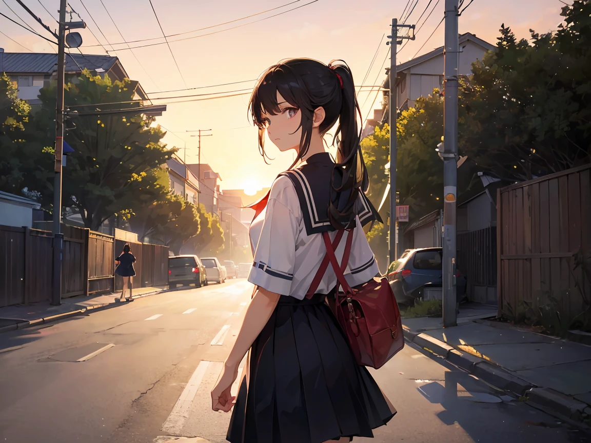 ((Top Quality)), ((Excellent)), (Details), masterpiece, best quality, UHD, high detailed face, high detailed eyes, A Japanese high school girl walking home after school during the late summer evening. She is wearing her school uniform and walking with empty hands, gazing softly at the viewer with a gentle expression. The warm colors of the sunset bathe the scene in a soft, golden light, casting long shadows on the quiet street lined with trees. The atmosphere is serene and nostalgic, capturing the fleeting moments of youth as the day slowly transitions into night, black hair, ponytail