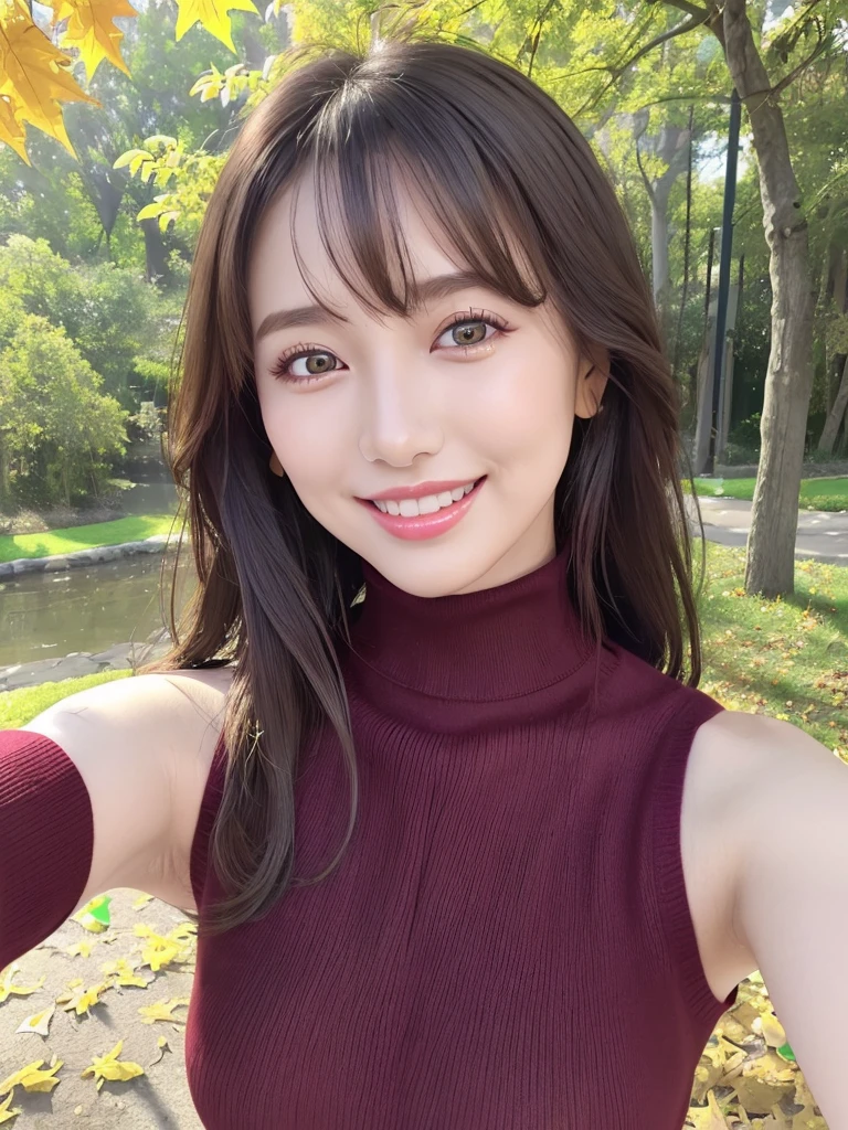 (highest quality、table top、((iPhone Selfie:1.4))  Sexy armpit display 8K、((Sleeveless:1.3)) 、best image quality、The background is beautiful autumn leaves Award-winning work)、one beautiful woman、2、(Fixed front configuration:1.1)、(Photo from the front、from the chest up:1.1)、(big and full breasts:1.1)、(emphasize body line:1.1)、(Perfect dark red turtleneck tight knit sweater:1.3)、(upper body photo:1.1)、look at me and smile、(strongly blurred natural park background:1.1)、droopy eyes、natural makeup、With bangs、long hair、Ultra high definition beauty face、(Super high resolution perfect beautiful teeth:1.1)、ultra high definition hair、Super high-definition sparkling eyes、Super high resolution glossy lips、accurate anatomy、(very bright and vivid:1.3)