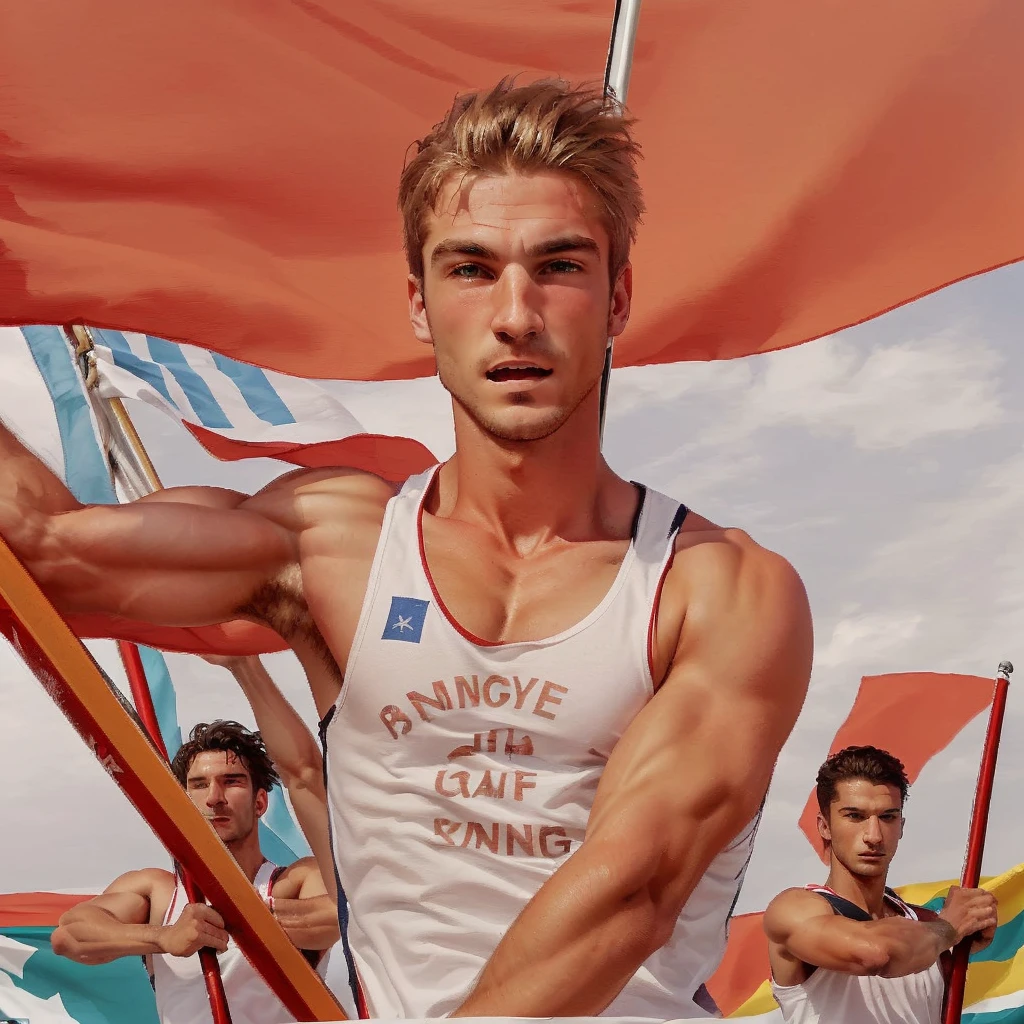 Strong and athletic European male rowers are depicted with a slight smile in a powerful pose., each one clutching the red flag pole with determination. They are wearing white T-shirts., without inscriptions, against the backdrop of a clear sky, creating a dynamic and motivating scene.