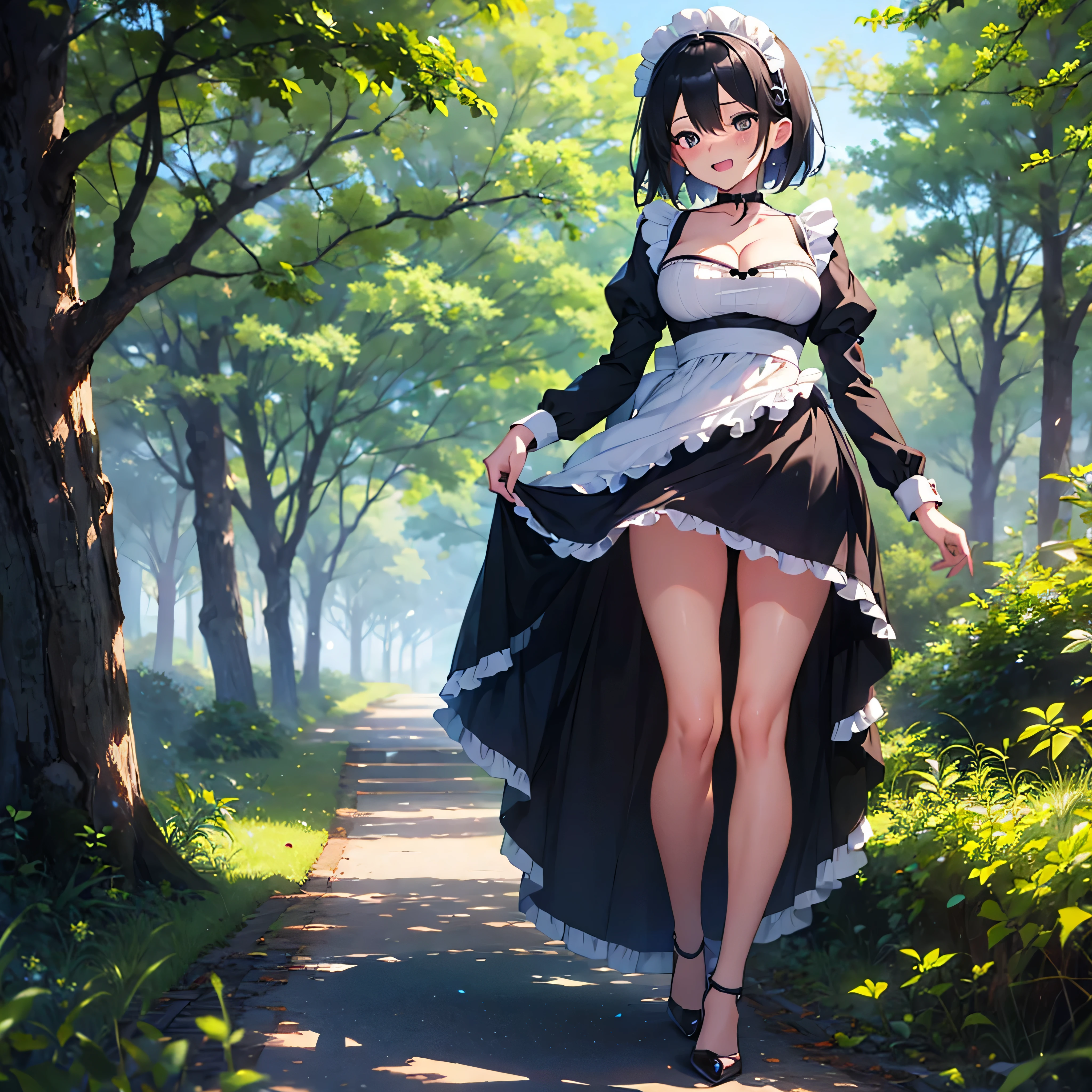 (solo), (1 skinny maid standing alone), forest, swaying back, tiptoe, BREAK, black short hair, black eyes, narrow shoulders, (bursting large breasts), very short torso, skinny too narrow waist, (long skinny legs), skinny thighs, BREAK, (maid dress with too short skirt:1.2), collarbone, cleavage, maid dress cinch up and lift up breasts, waist cinched too tight, thigh gap, stiletto heels, BREAK, sad smile, nose blush, open mouth, heavy breathing, orgasm