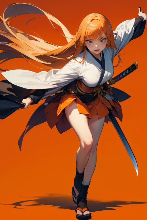 ((Surreal))、8k, born, Highest quality, masterpiece, Ultra-high resolution、((Perspective Lens, Woman with long hair,  Dynamic poses with serious and mean expressions, Two hands brandishing a large, long Japanese sword )) ((Pure Orange Background:1.2)),Looks like she&#39;s in her early 20s,Shooting in mid-motion,With her long braided hair fluttering. Her outfit reminds me of a bee.,Black and yellow color palette,And she&#39;s casually throwing money around,Be playful.,