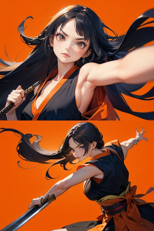 ((Surreal))、8k, born, Highest quality, masterpiece, Ultra-high resolution、((Perspective Lens, Woman with long hair,  Dynamic poses with serious and mean expressions, Two hands brandishing a large, long Japanese sword )) ((Pure Orange Background:1.2)),Looks like she&#39;s in her early 20s,Shooting in mid-motion,With her long braided hair fluttering. Her outfit reminds me of a bee.,Black and yellow color palette,And she&#39;s casually throwing money around,Be playful.,