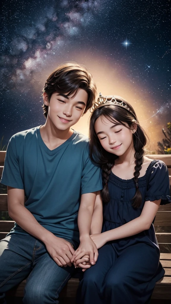 Digital illustration featuring two children sitting side by side against a starry night sky. The girl on the left has long, dark hair styled in a loose braid and is wearing a dark blue dress. She has a fair complexion and is smiling with her eyes closed. The boy on the right has short, dark hair and is wearing a light blue t-shirt and brown pants. He also has a fair complexion and is smiling with his eyes closed. Above the girl's head are various emoji icons, including hearts and smiley faces, forming a crown-like shape. Above the boy's head is a glowing yellow halo. The background is a detailed depiction of a night sky with stars and a visible galaxy.