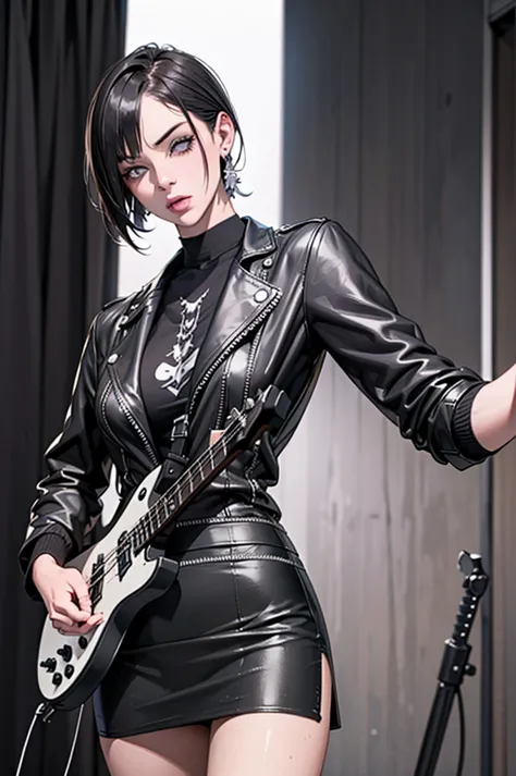 1，black short hair，photorealism，detailed，masterpiece， (lean), young girls，short leather skirt、dark leather jacket，1，aldult, (pun...