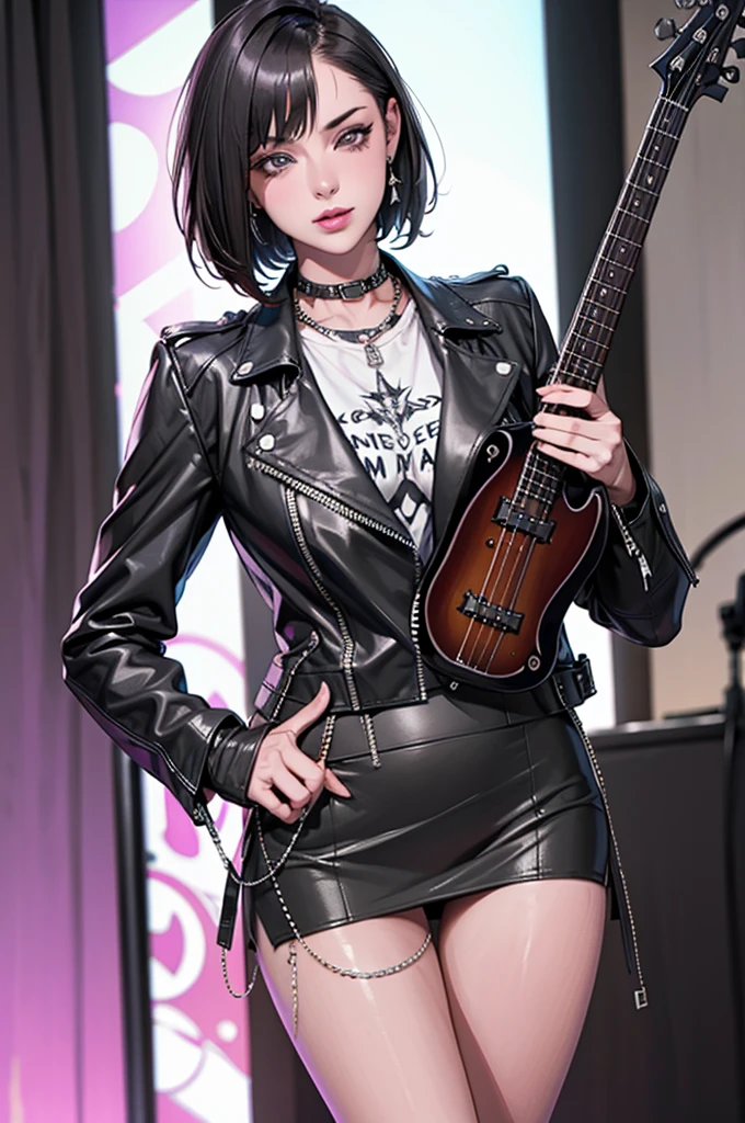 1，Black short hair，Photorealism，detailed，masterpiece， (Lean), Young Girls，Short leather skirt、Dark leather jacket，1，aldult, (Punk Girl)，Earrings、Lip Studs，Dark eyeshadow，high quality，Play bass，High resolution 4K information,stage，Cold，Gorgeous lighting