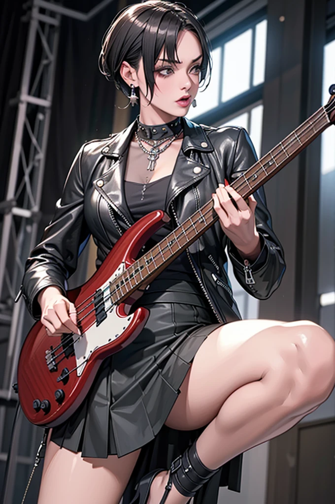 1，Black short hair，Photorealism，detailed，masterpiece， (Lean), Young Girls，Short leather skirt、Dark leather jacket，1，aldult, (Punk Girl)，Earrings、Lip Studs，Dark eyeshadow，high quality，Play bass，High resolution 4K information,stage，Cold，Gorgeous lighting