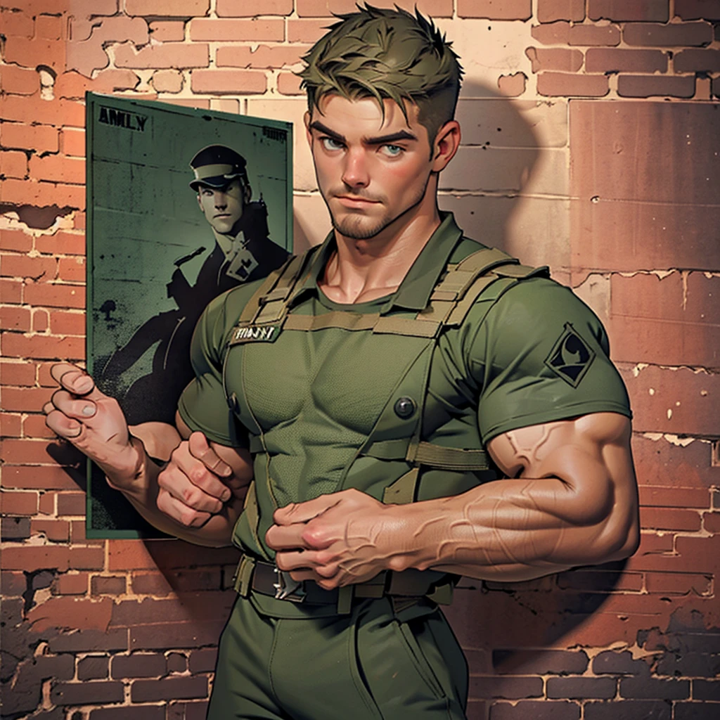 NSFW,32k, high quality , detailed face , detailed hands , detailed muscles , stephen amell standing and  posing  as a military man ,standing with spread legs, showing his muscles ,  HOLDING A CAT BETWEEN  HIS HANDS, ((background brick wall with lot of army posters ))