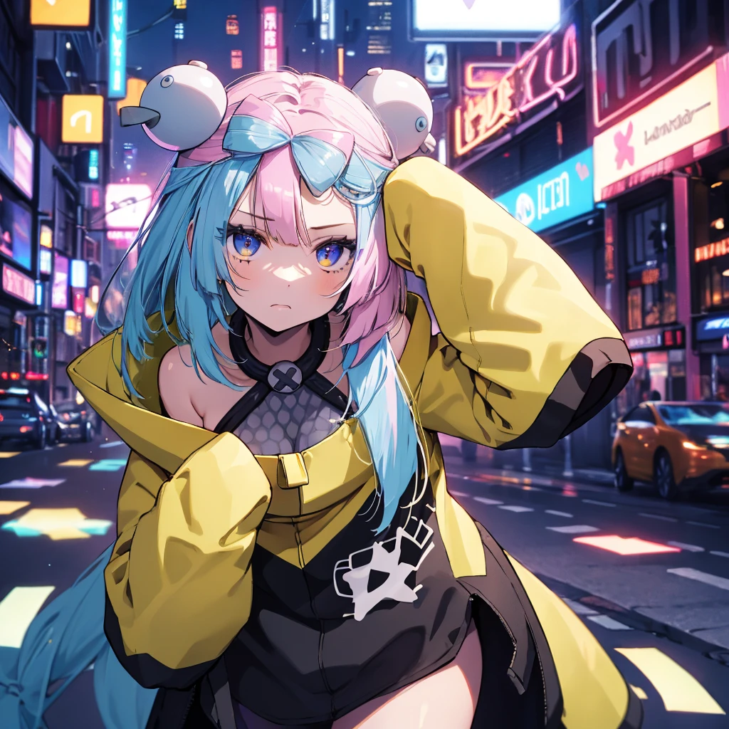 masterpiece, Highest quality, Perfect Face, Highest Resolution, Highest quality,Detailed depiction of the eyes, 8k, One Girl, Long Hair, Yellow Jacket, Long sleeve, hair ornaments, Future City, neon, Open your mouth wide, Disappointed look, expressionless