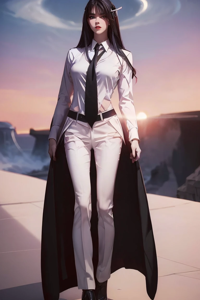 ((Masterpiece, best quality, very detailed), Volumetric light, surrounding occlusion, Rich and colorful, glow), 1 woman, , young girl, (Smooth black), long hair, radius, sacred, goddess, CEO Luke, (black suit, White shirt and red tie:1.3), armor, outdoor, sunset, sky, cloud, space, (Fantasy Theme:1.2),