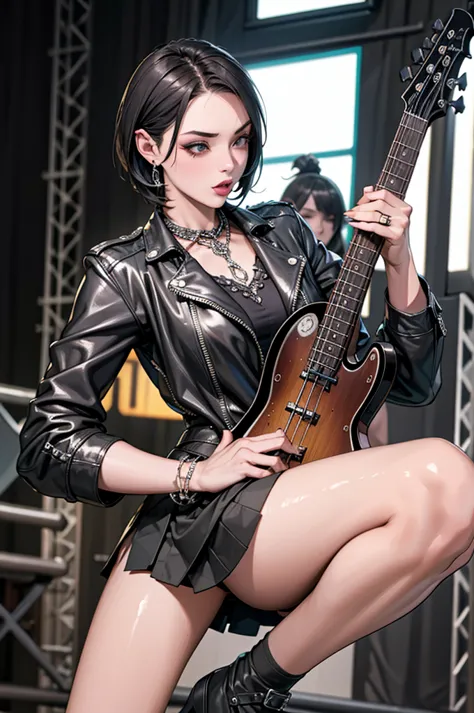 1，black short hair，photorealism，detailed，masterpiece， (lean), young girls，short leather skirt、dark leather jacket，1，aldult, (pun...