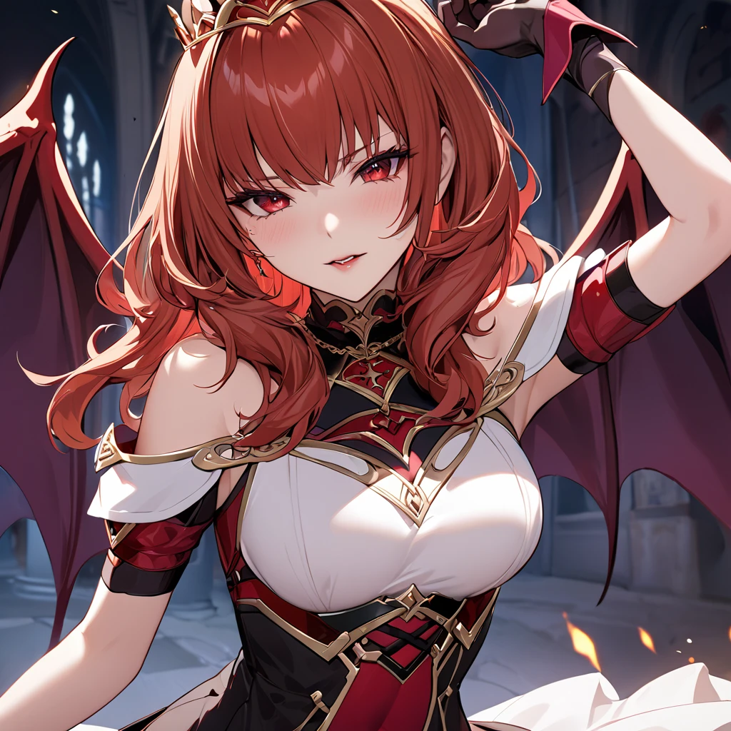 ((Highest quality)), ((masterpiece)), (detailed), （Perfect Face）The woman is a Celica with red hair.、The woman turns evil and becomes a succubus for an evil organization, becoming the queen of evil succubi.