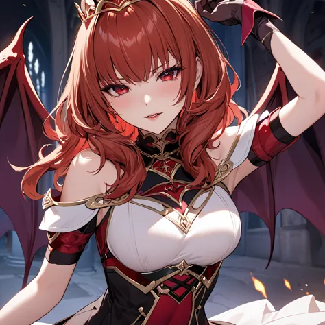 ((highest quality)), ((masterpiece)), (detailed), （perfect face）the woman is a celica with red hair.、the woman turns evil and be...