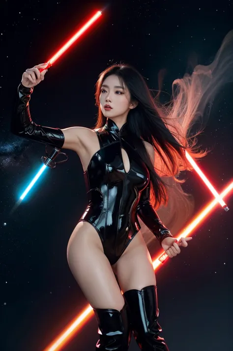 a beautiful asia women, long straight hair, milk tea color, wearing a dark vader outfits, wearing a knee high boots,  hand holdi...