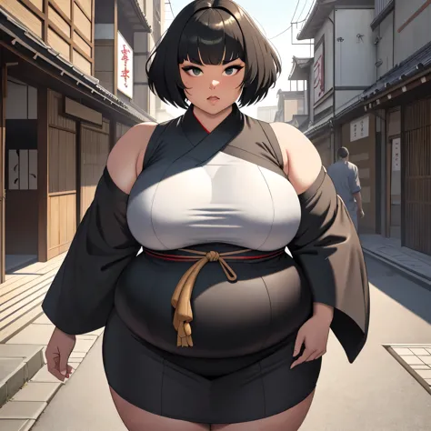 (masterpiece), (detailed), (high res), (best quality), very fat sumo girl, black square haircut and long haircut, black eyes, ti...