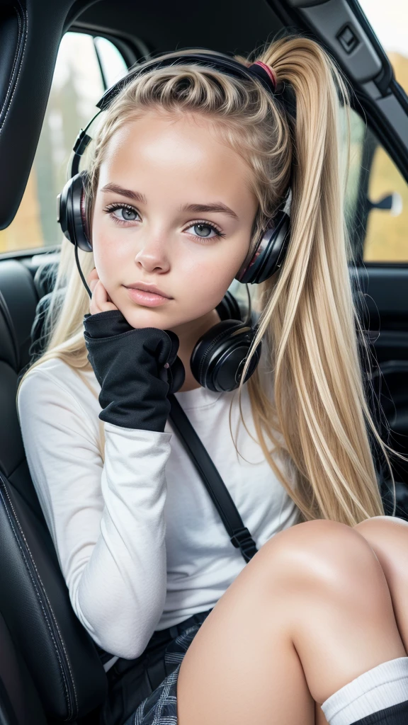 Cute schoolgirl Livlas sits in the back seat of the car and looks out the window 1 girl, clap, blonde hair,tape, Ponytail, parted lips, headphones, anime style, black mitts, legs in the lotus position ,striped gaiters