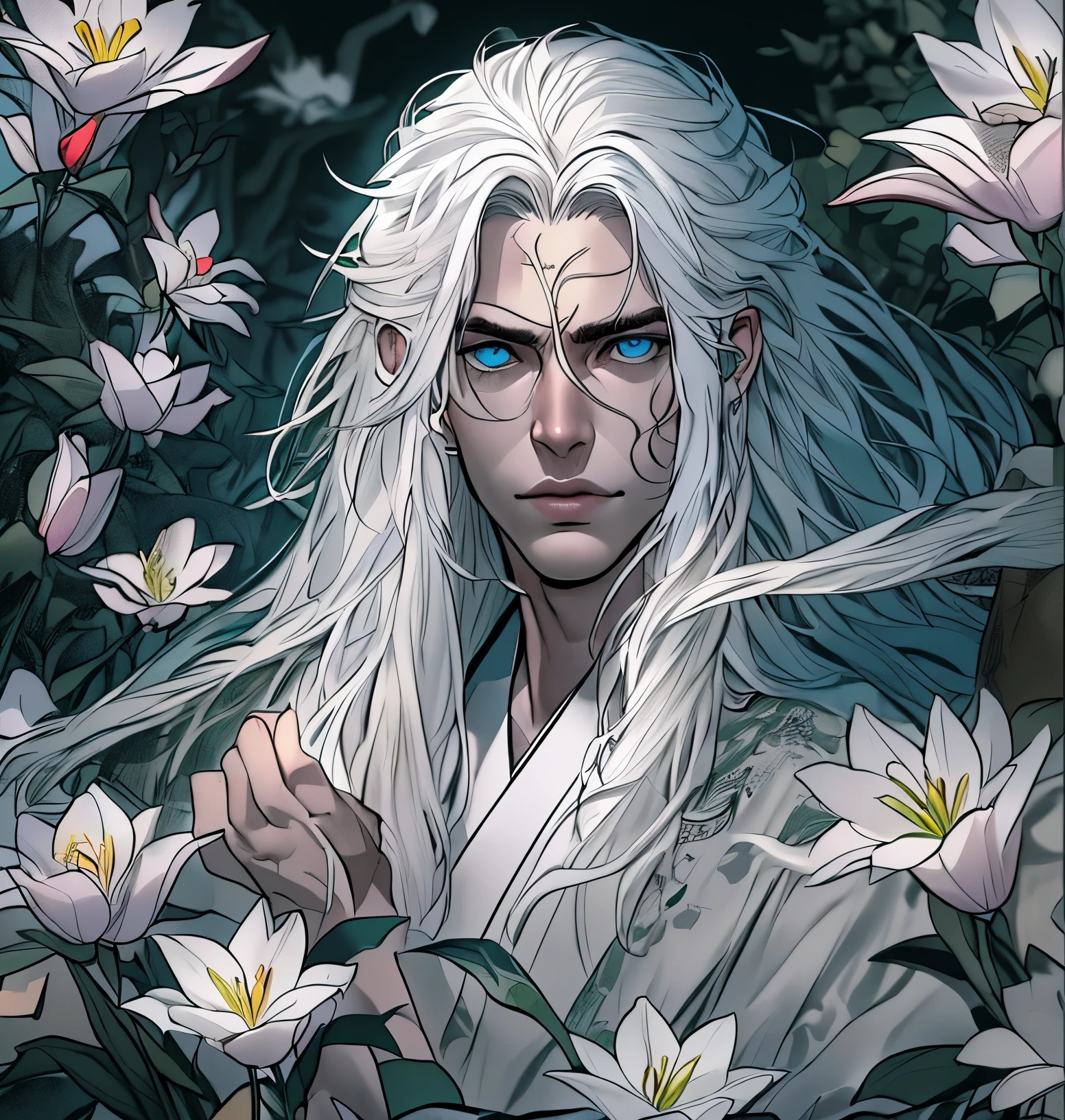 (man, long white hair, white kimono with lilies, white skin, blue eyes, death, battle fan, skinny, pronounced cheekbones, japanese mythology, surreal, dramatic lighting, moody atmosphere, intricate details, hyperrealistic, 8k, high quality, masterpiece, anime style, cinematic), Длинные волосы, Высокое разрешение, Голубые глаза, Простой фон, Очень длинные волосы, бледная кожа, серьги, простой фон, детальные глаза, Слёзы, полный рост 