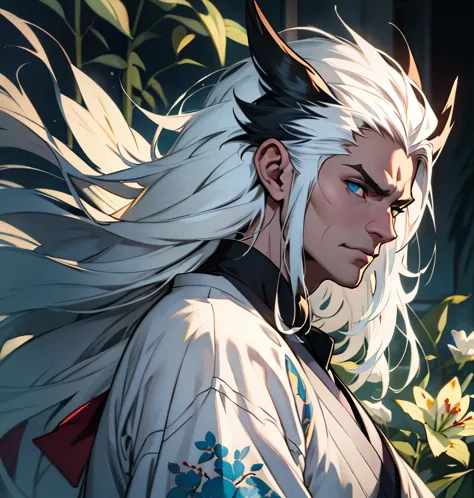 (man, long white hair, white kimono with lilies, white skin, blue eyes, death, battle fan, skinny, pronounced cheekbones, japane...