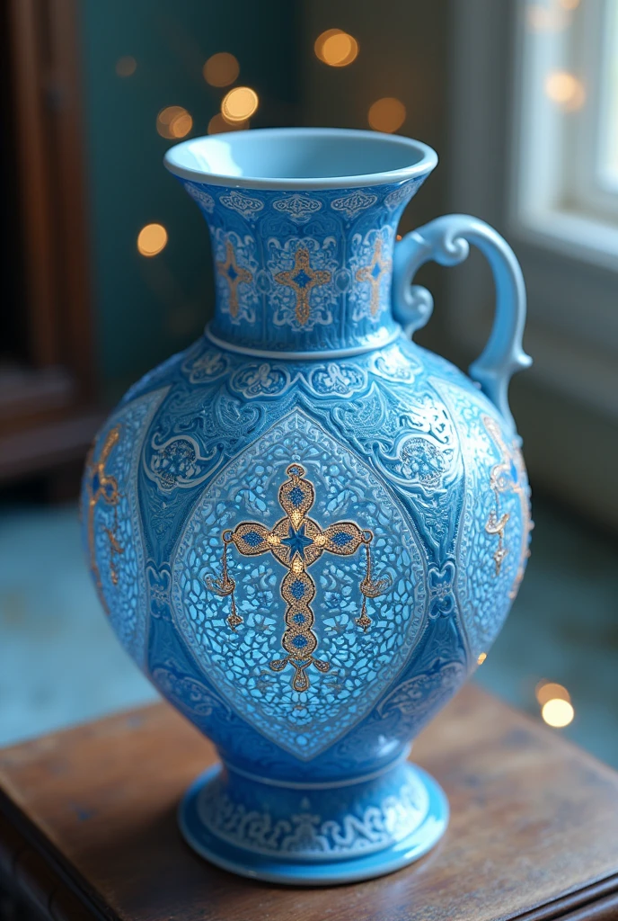 A beautiful vase、It is as if the delicate and beautiful lace is woven in three dimensions.,Many religious designs are featured, The surface of the vase is the color of a starry sky., Very simple background, Beautiful lighting, Great Focus,Beautiful bokeh, Shooting from above,