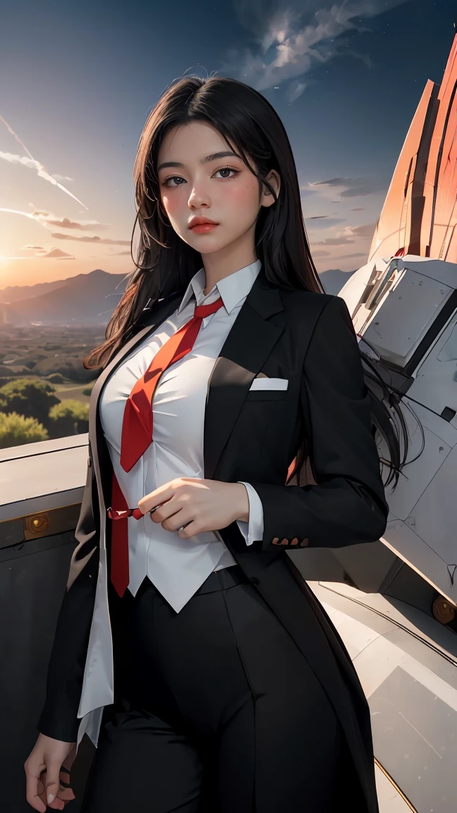 ((Masterpiece, best quality, very detailed), Volumetric light, surrounding occlusion, Rich and colorful, glow), 1 woman, , young girl, (Smooth black), long hair, radius, sacred, goddess, CEO Luke, (black suit, White shirt and red tie:1.3), armor, outdoor, sunset, sky, cloud, space, (Fantasy Theme:1.2),